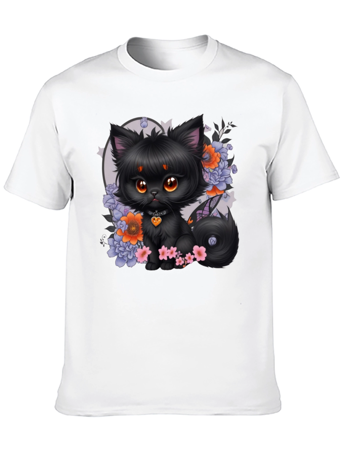 Whimsical Black Cat Floral T-Shirt