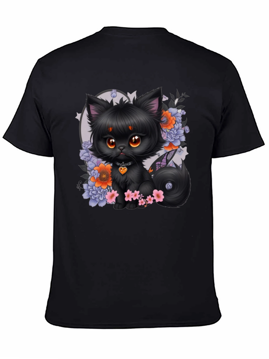 Whimsical Black Cat Floral T-Shirt
