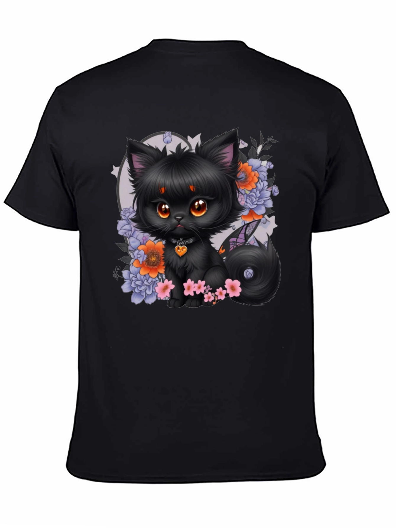 Whimsical Black Cat Floral T-Shirt