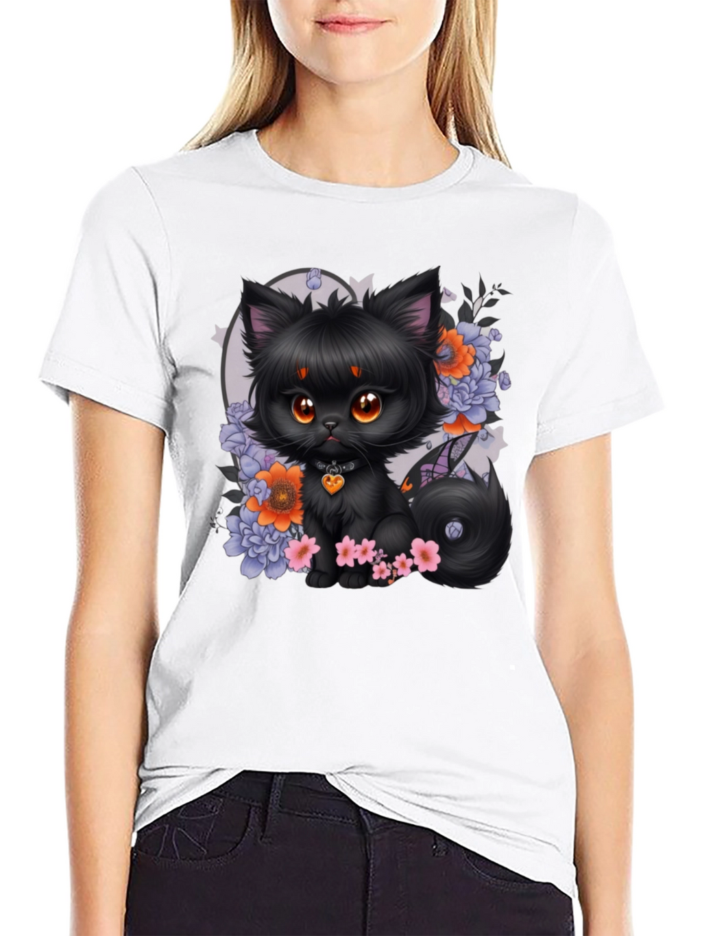Whimsical Black Cat Floral T-Shirt