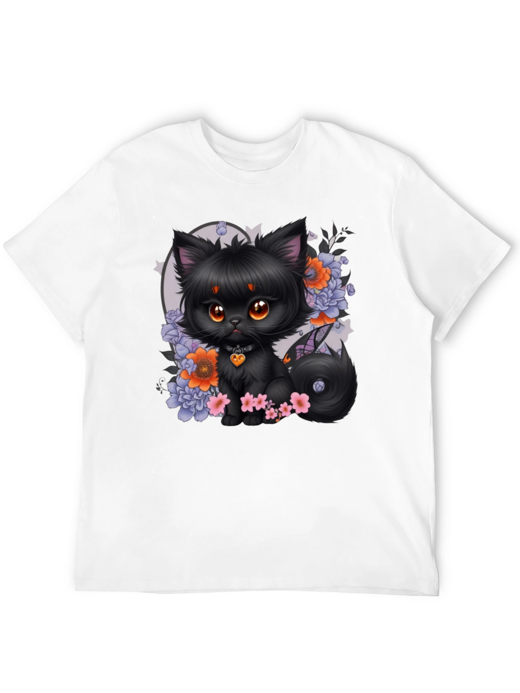 Whimsical Black Cat Floral T-Shirt