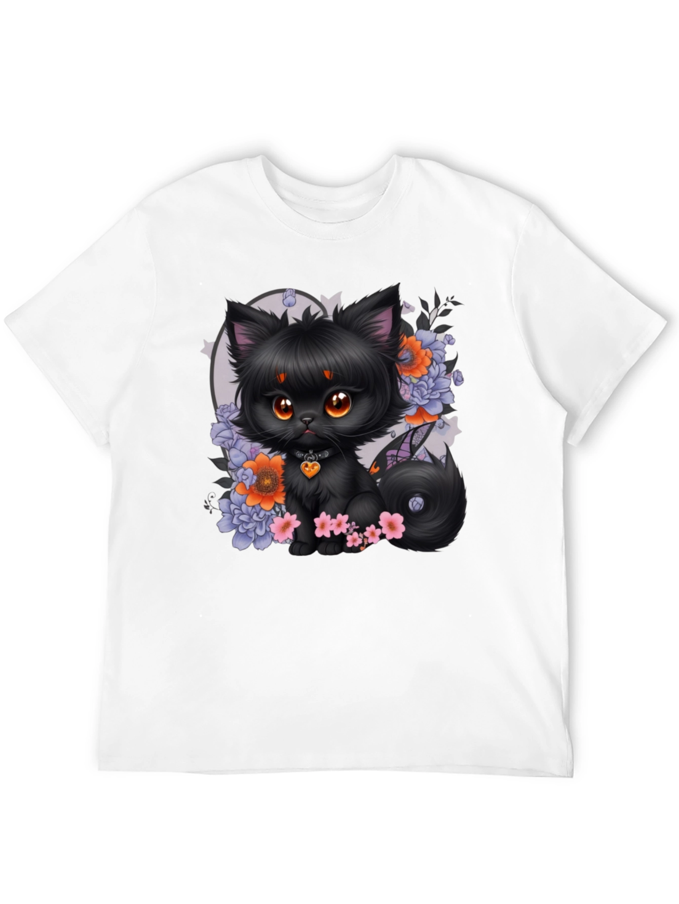 Whimsical Black Cat Floral T-Shirt