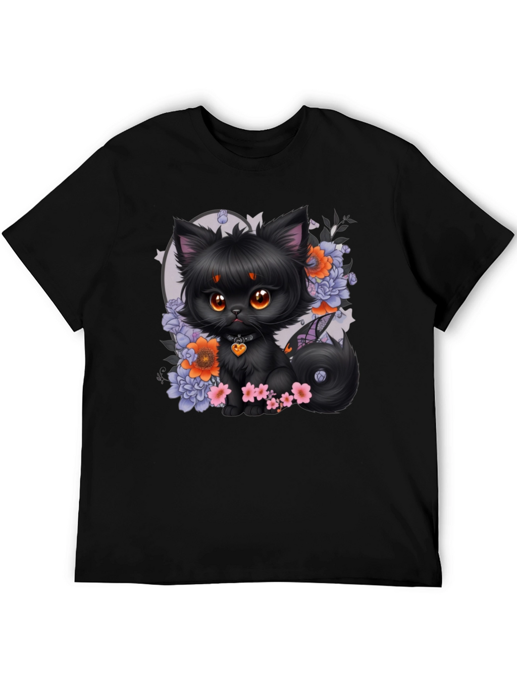 Whimsical Black Cat Floral T-Shirt