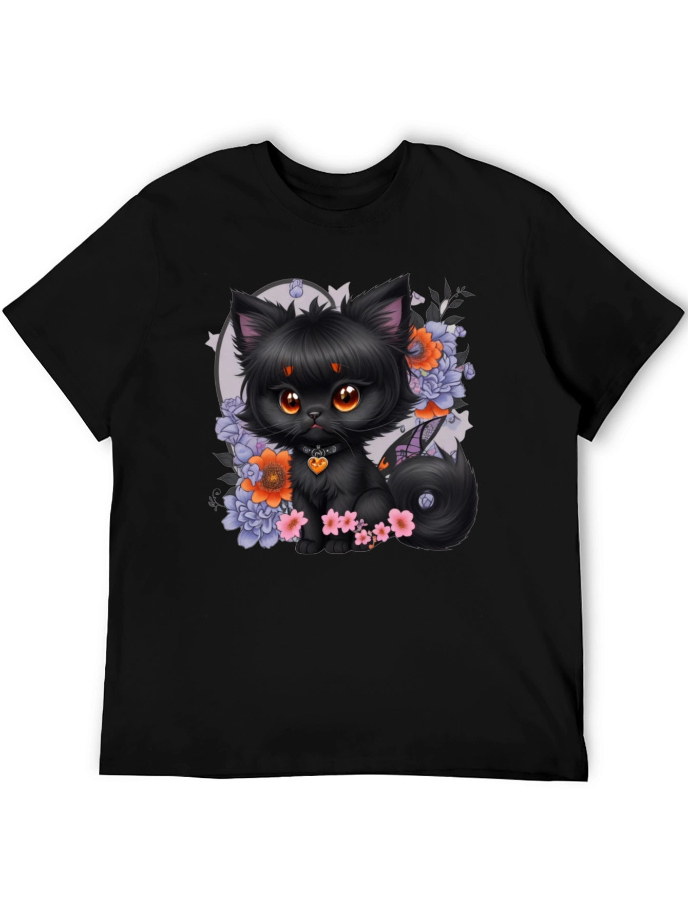 Whimsical Black Cat Floral T-Shirt