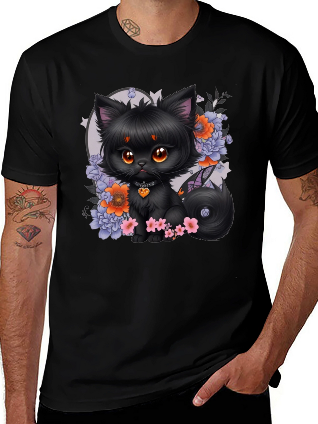 Whimsical Black Cat Floral T-Shirt