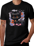 Whimsical Black Cat Floral T-Shirt
