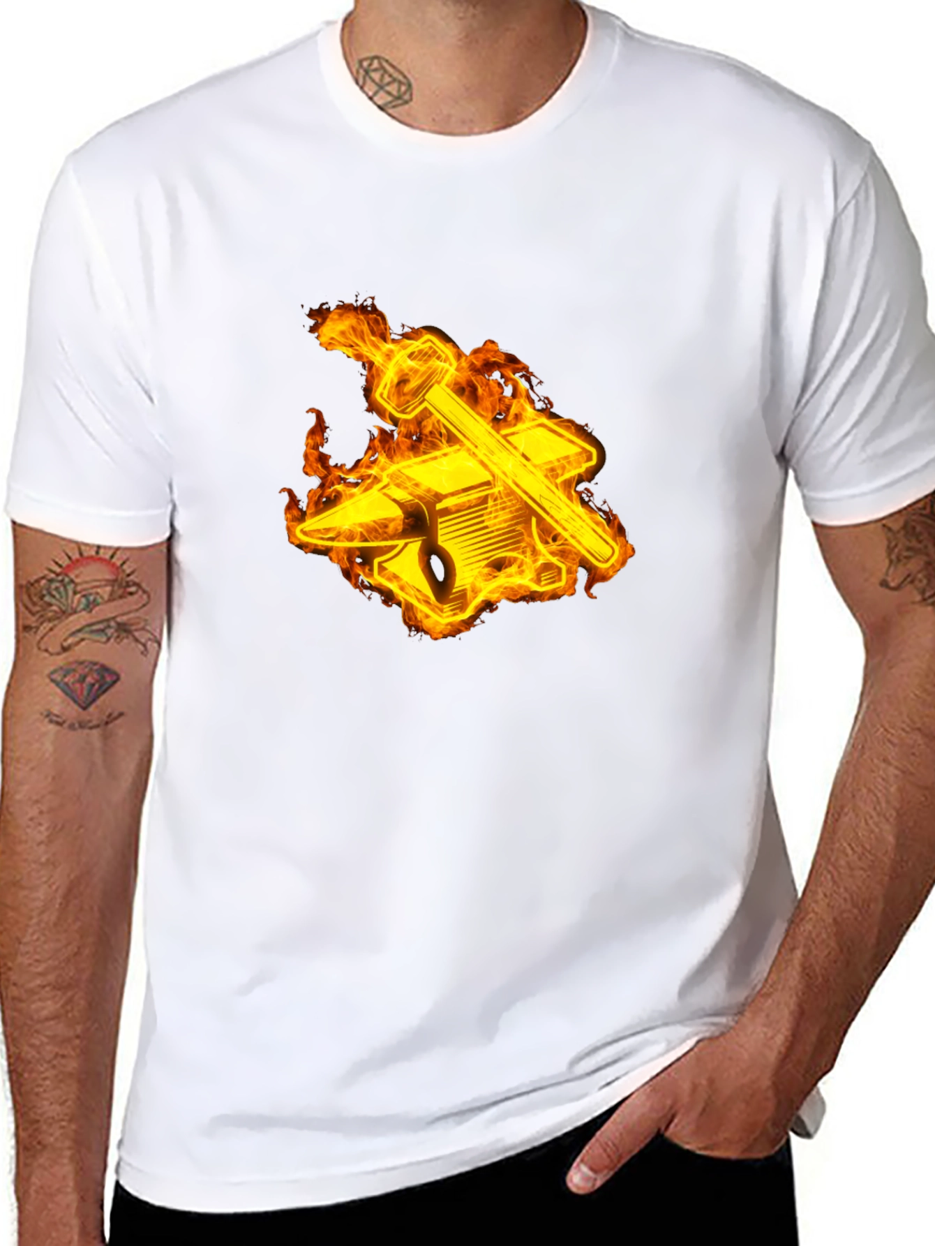 Fiery Blacksmith T-Shirt - Anvil & Hammer Design