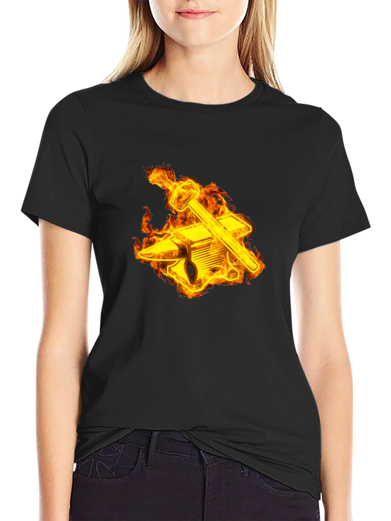 Fiery Blacksmith T-Shirt - Anvil & Hammer Design