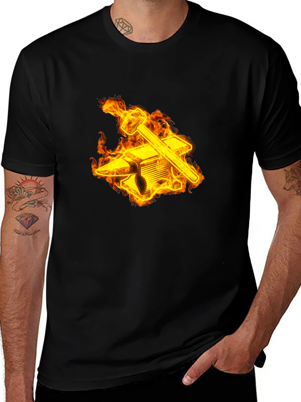 Fiery Blacksmith T-Shirt - Anvil & Hammer Design