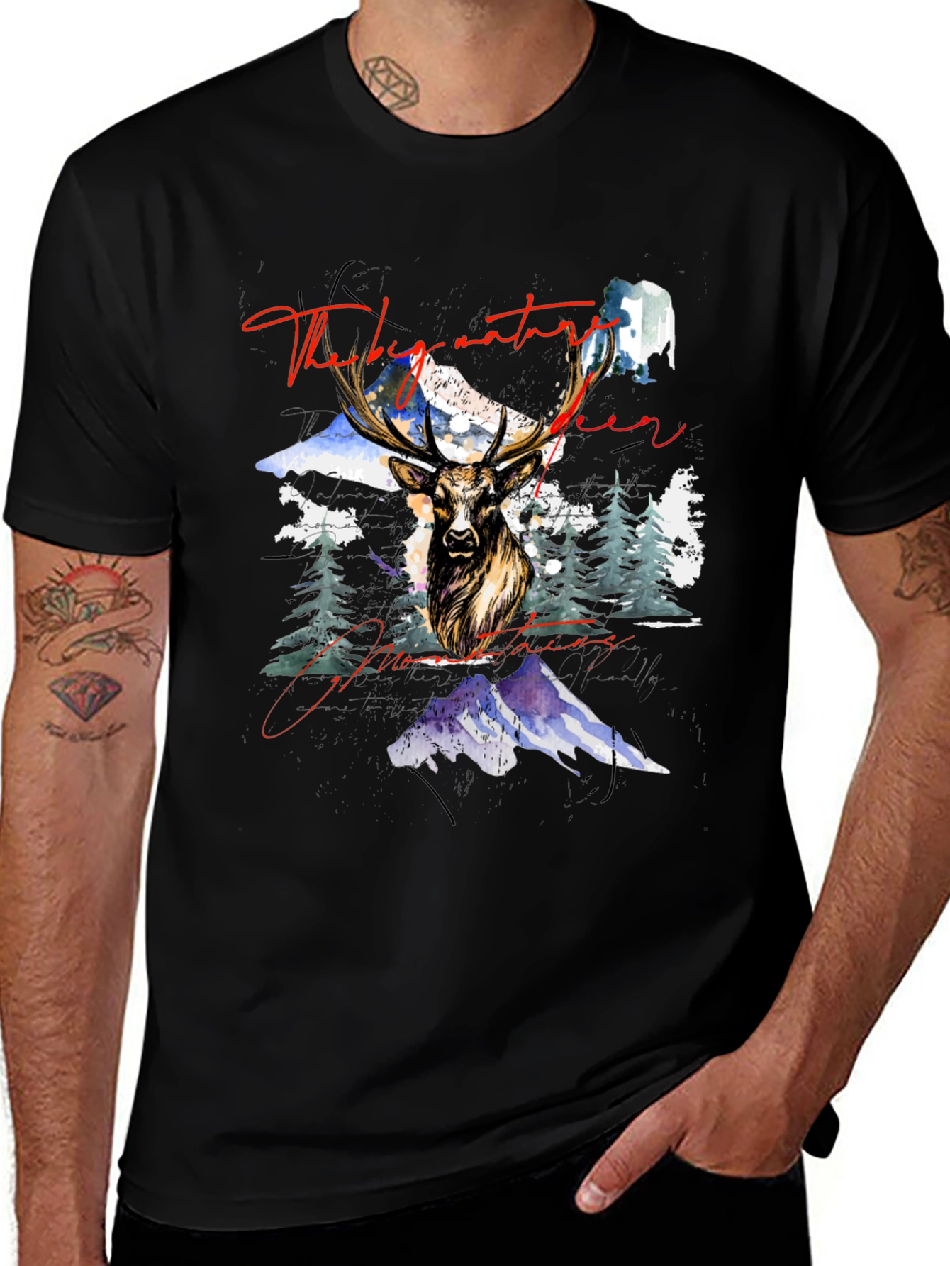 Nature Deer Mountains Graphic Black T-Shirt