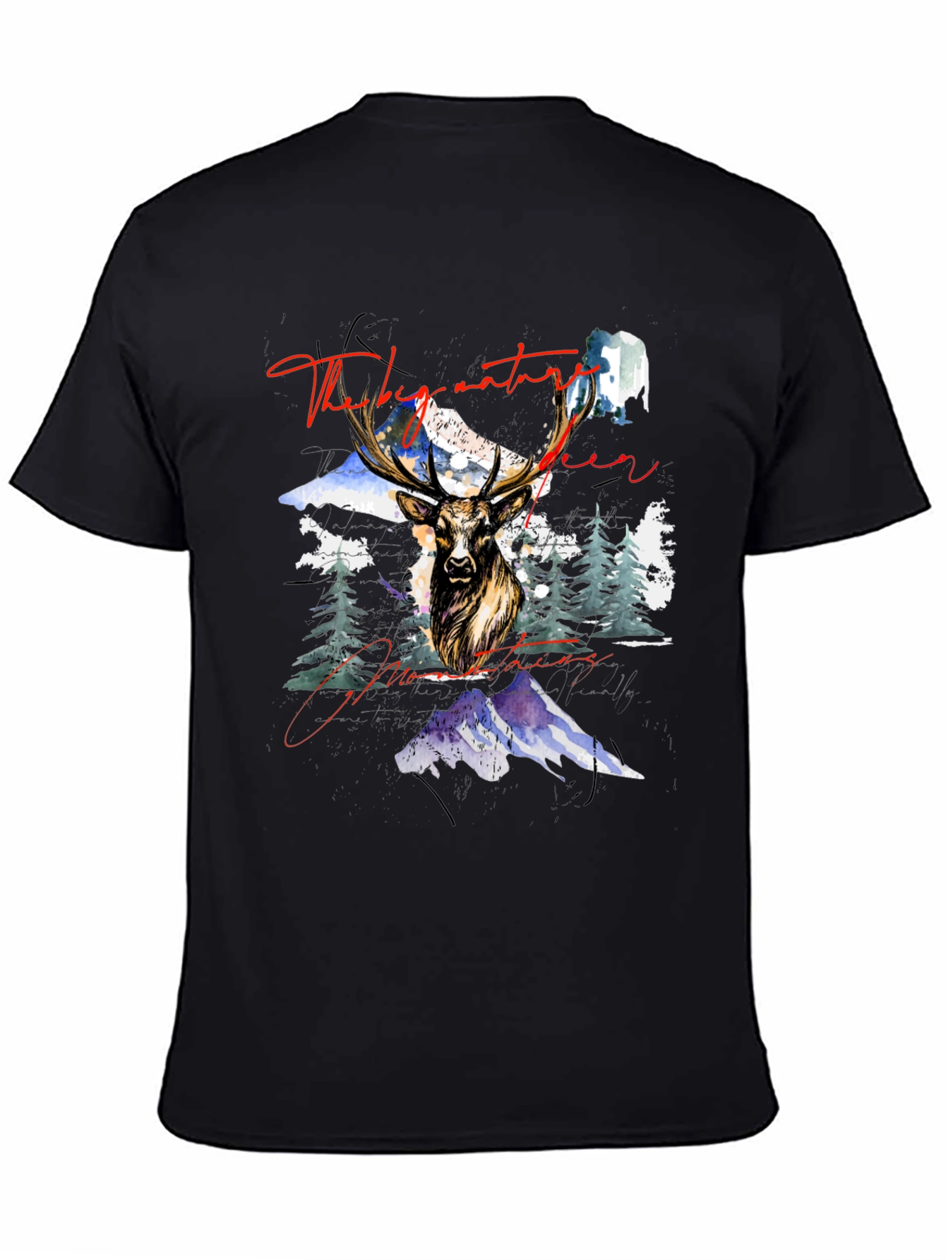 Nature Deer Mountains Graphic Black T-Shirt