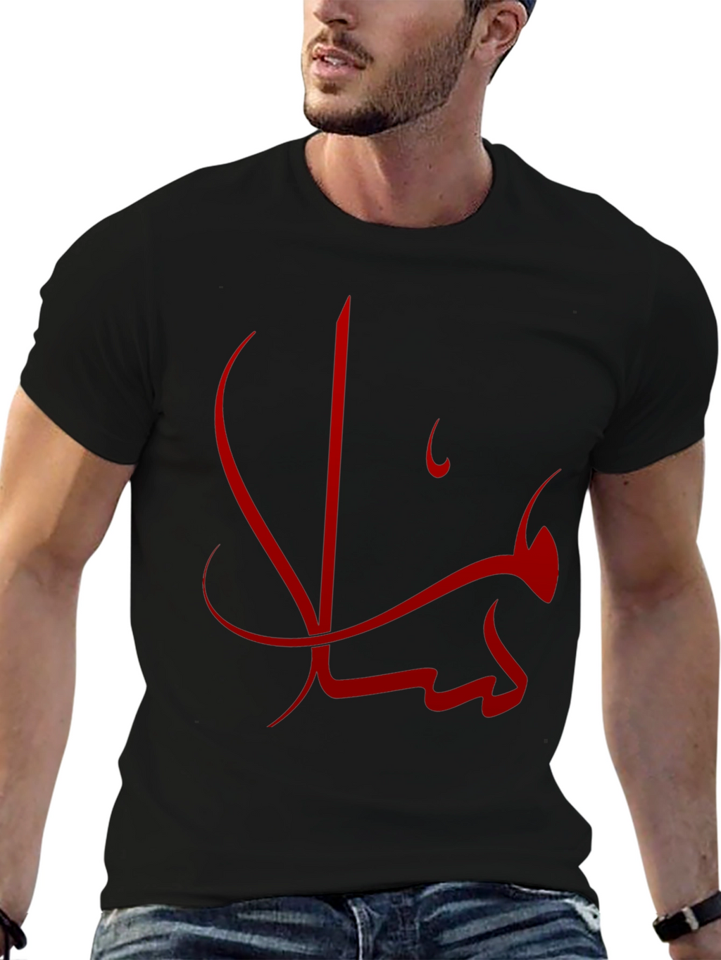 Mens Black T-shirt with Red Arabic Calligraphy