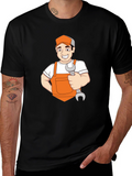 Cartoon Mechanic Graphic T-Shirt - Black