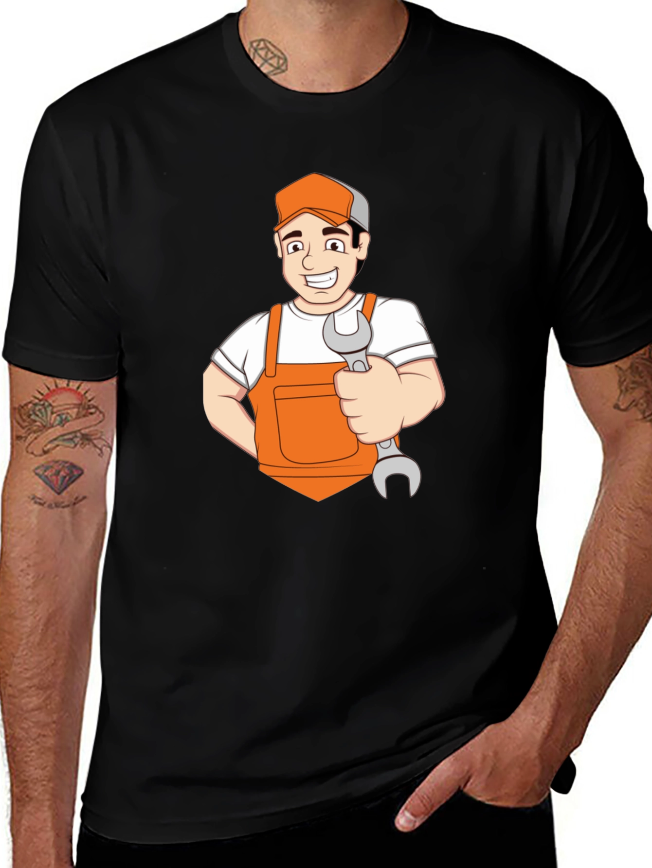 Cartoon Mechanic Graphic T-Shirt - Black