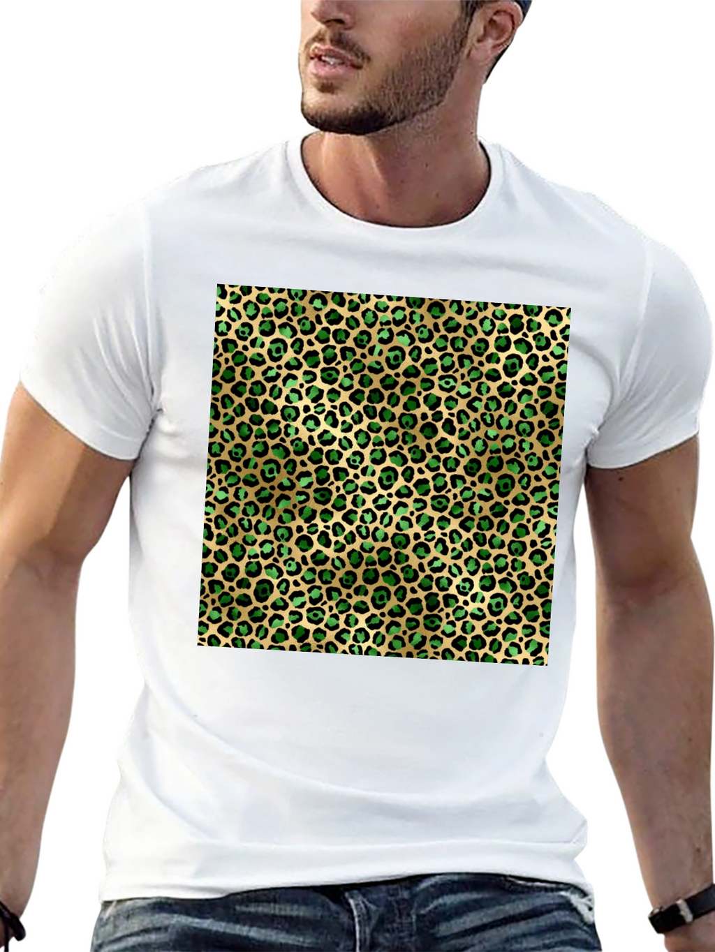 Green Leopard Print Crew Neck Tee