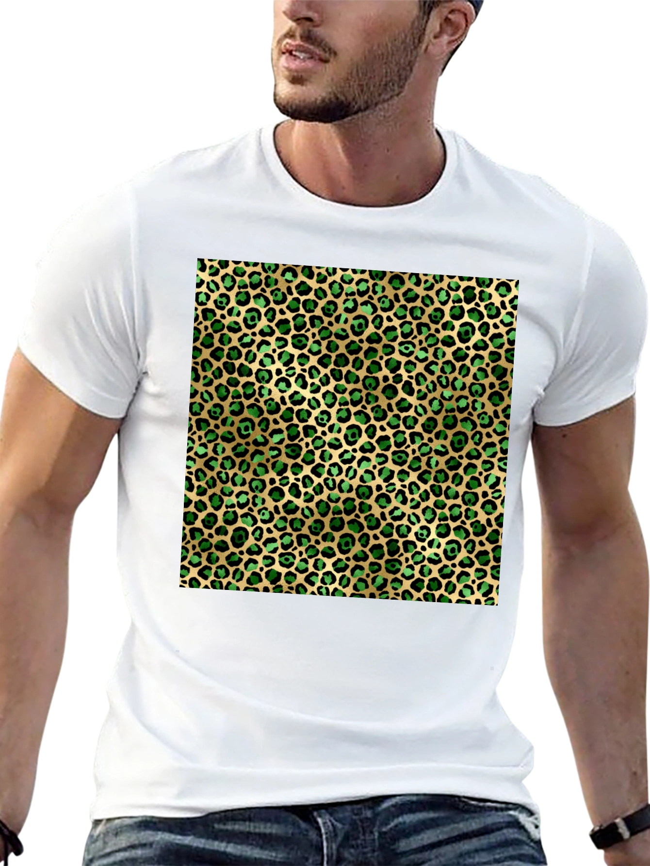 Green Leopard Print Crew Neck Tee