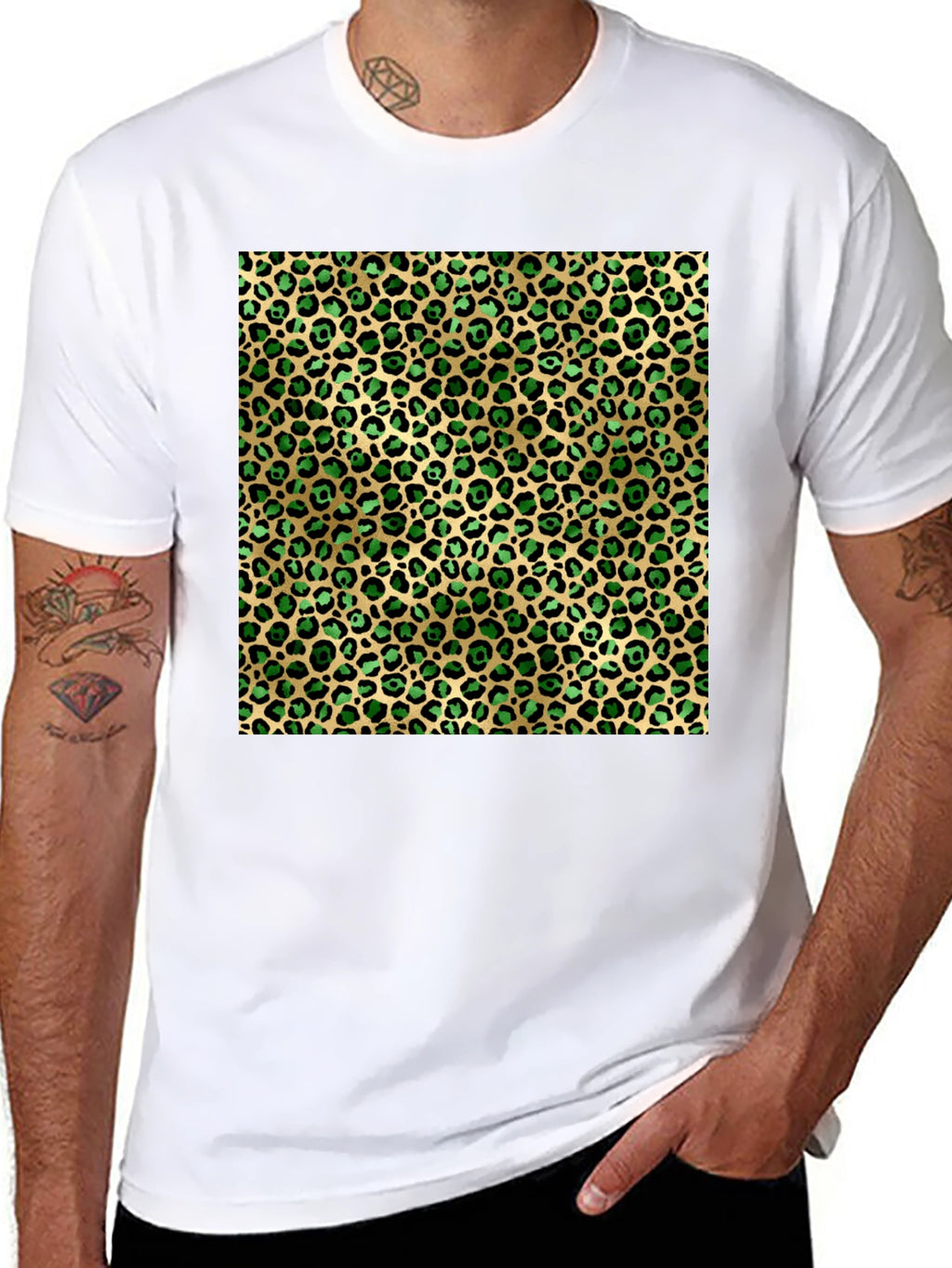 Green Leopard Print Crew Neck Tee