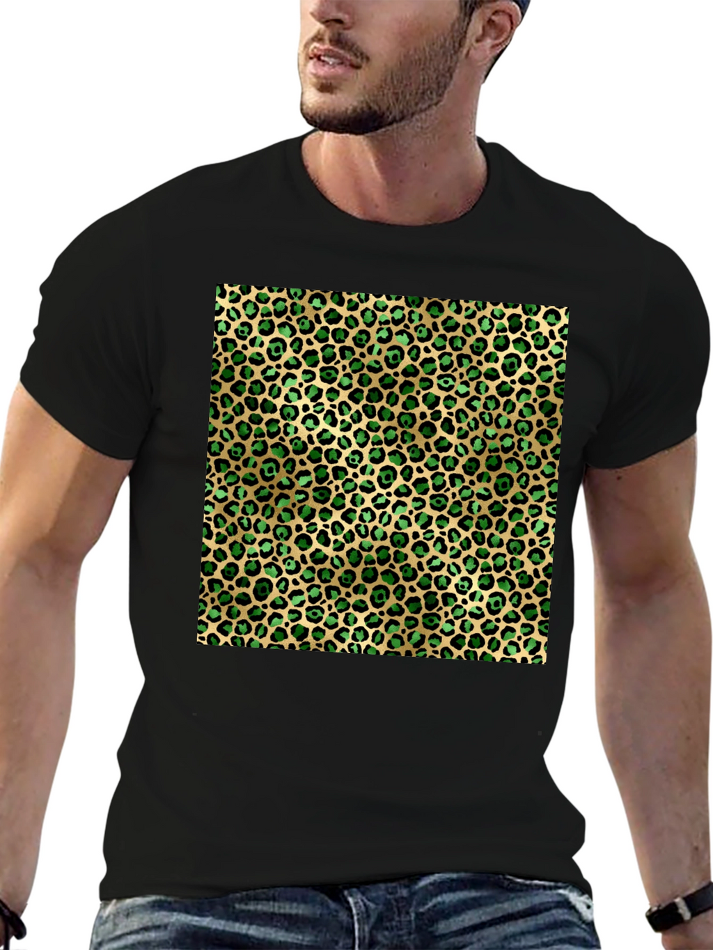 Green Leopard Print Crew Neck Tee