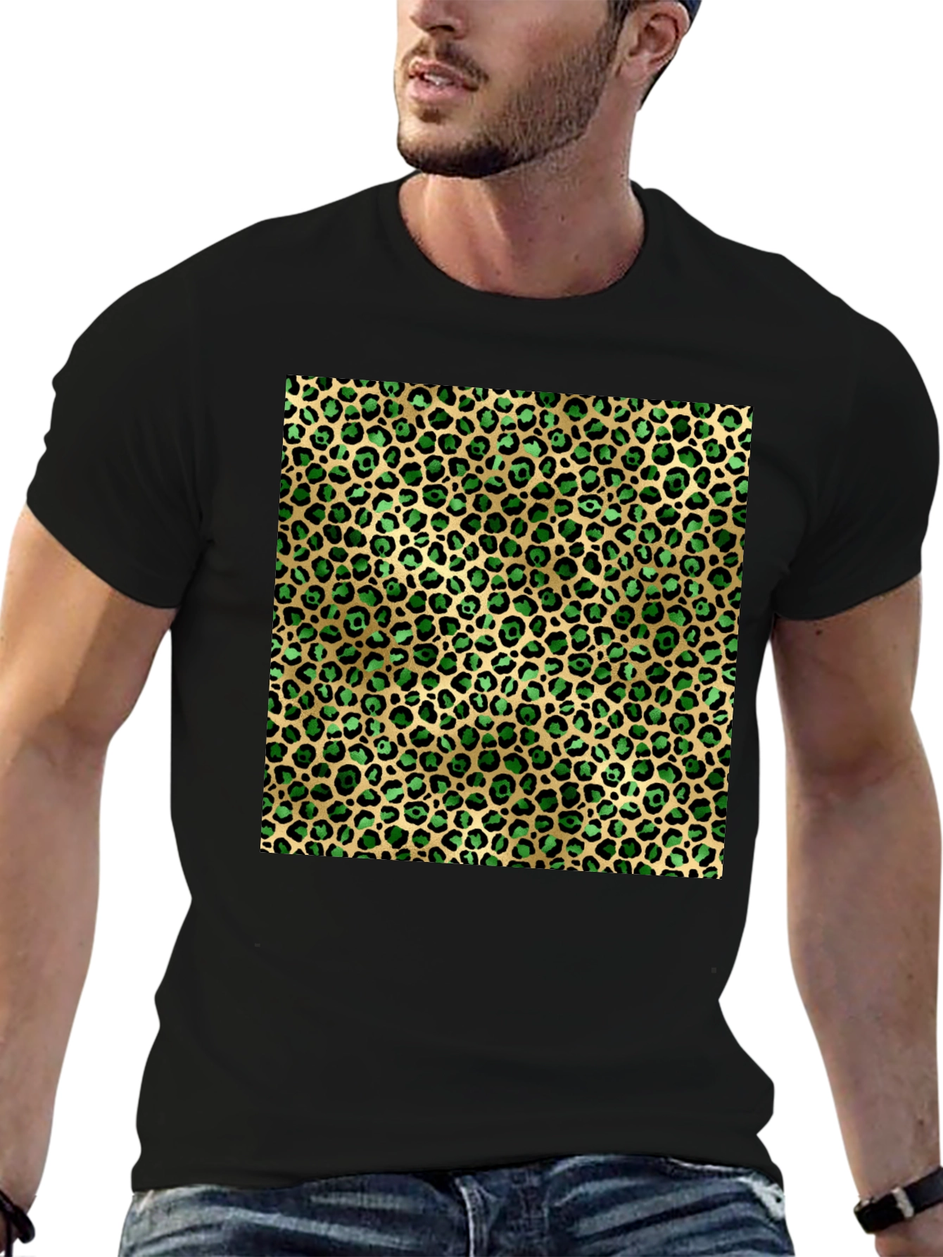 Green Leopard Print Crew Neck Tee