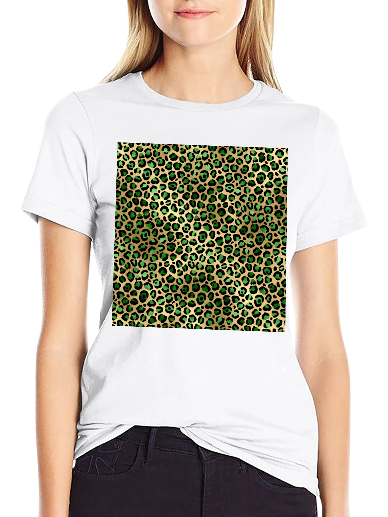 Green Leopard Print Crew Neck Tee