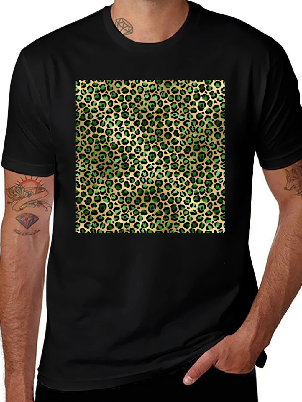 Green Leopard Print Crew Neck Tee