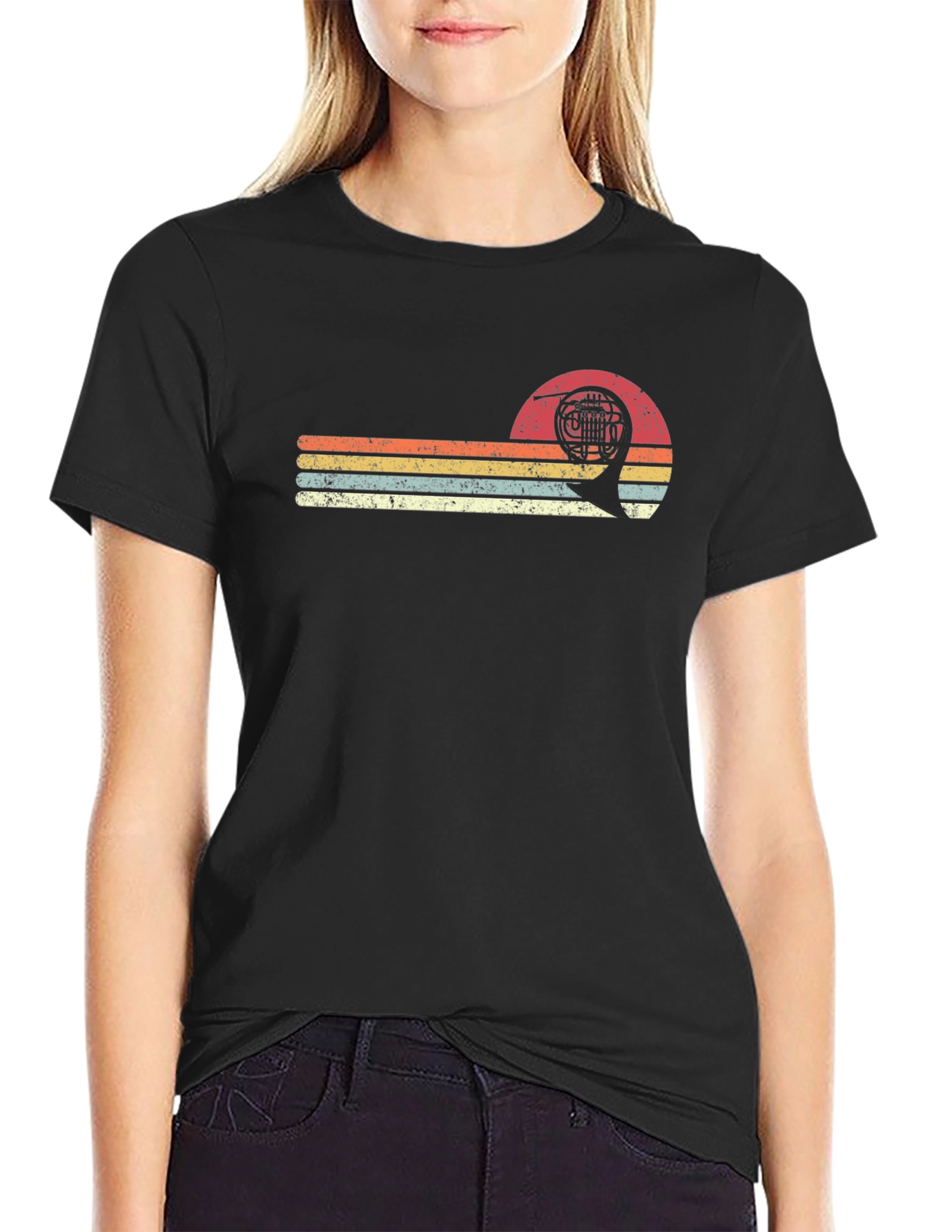 Retro French Horn T-Shirt - Vintage Sunset Design