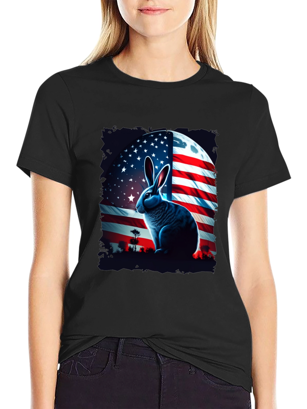 Patriotic Rabbit Graphic Tee - USA Flag