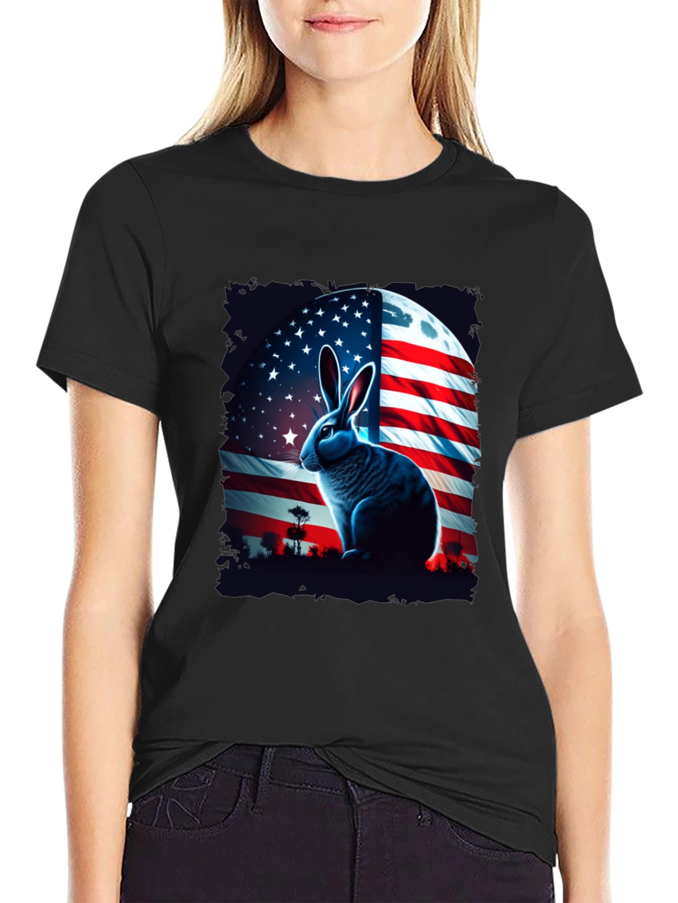 Patriotic Rabbit Graphic Tee - USA Flag