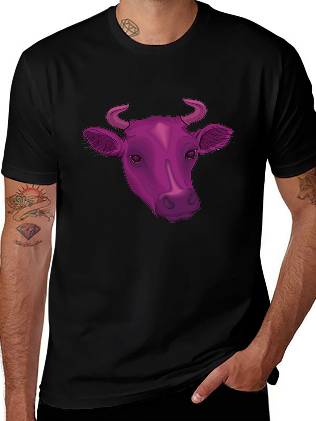 Cow Head Graphic Tee - Black Cotton Blend T-Shirt