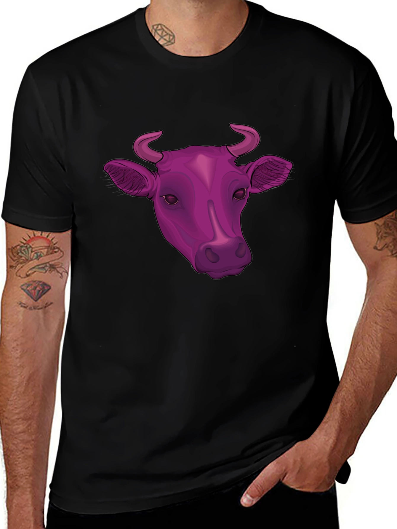 Cow Head Graphic Tee - Black Cotton Blend T-Shirt