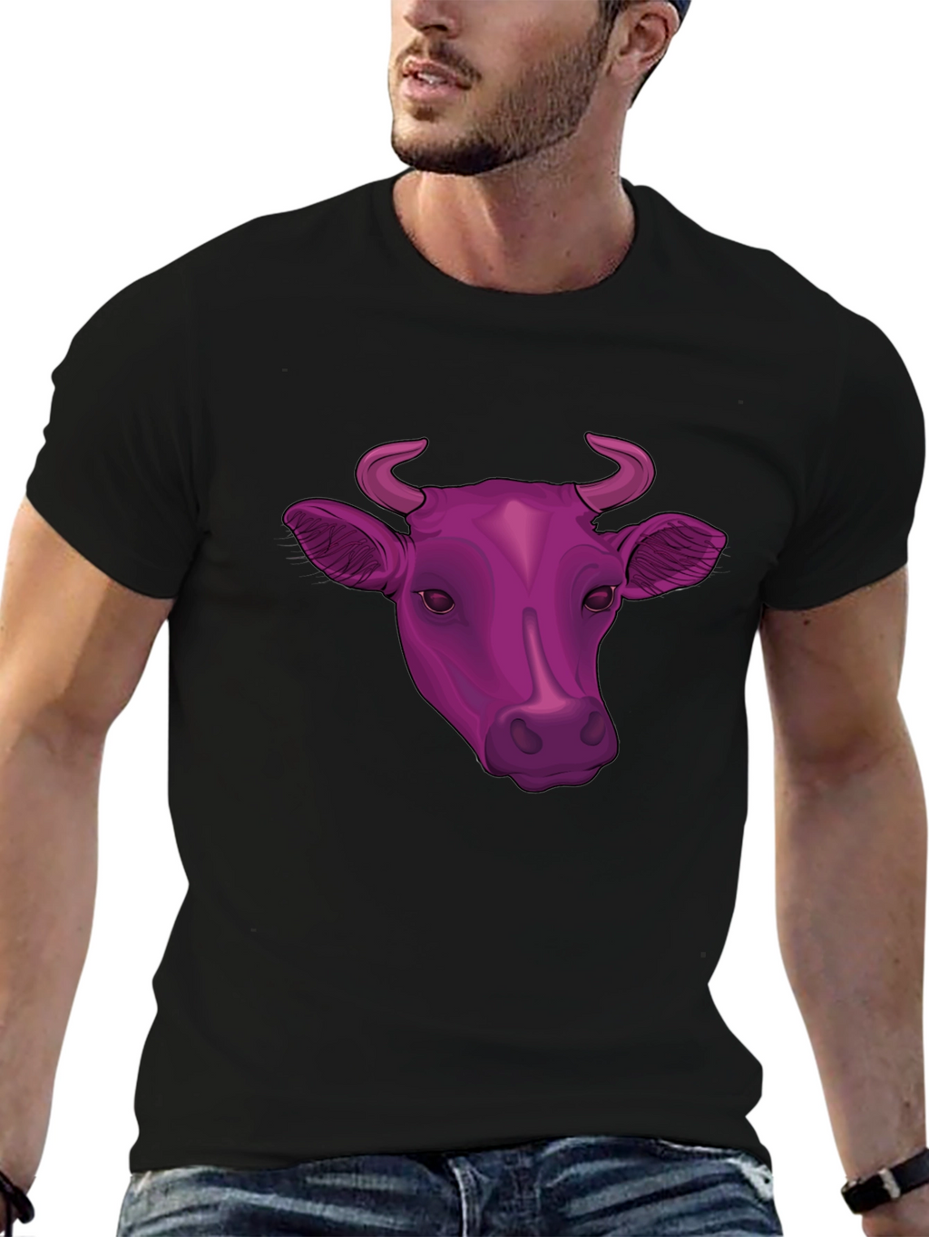 Cow Head Graphic Tee - Black Cotton Blend T-Shirt