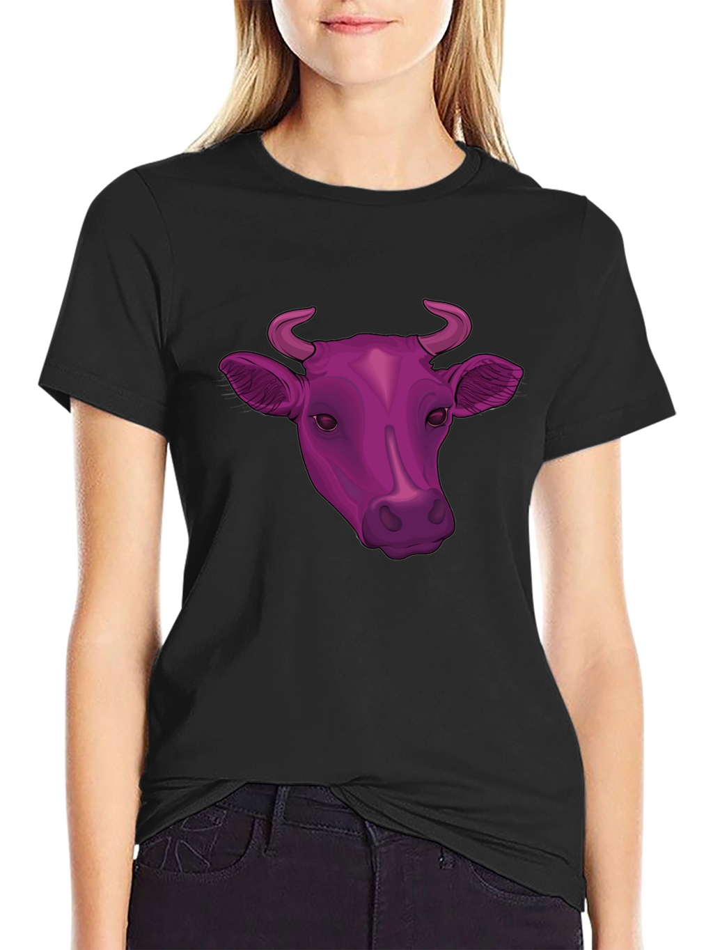 Cow Head Graphic Tee - Black Cotton Blend T-Shirt