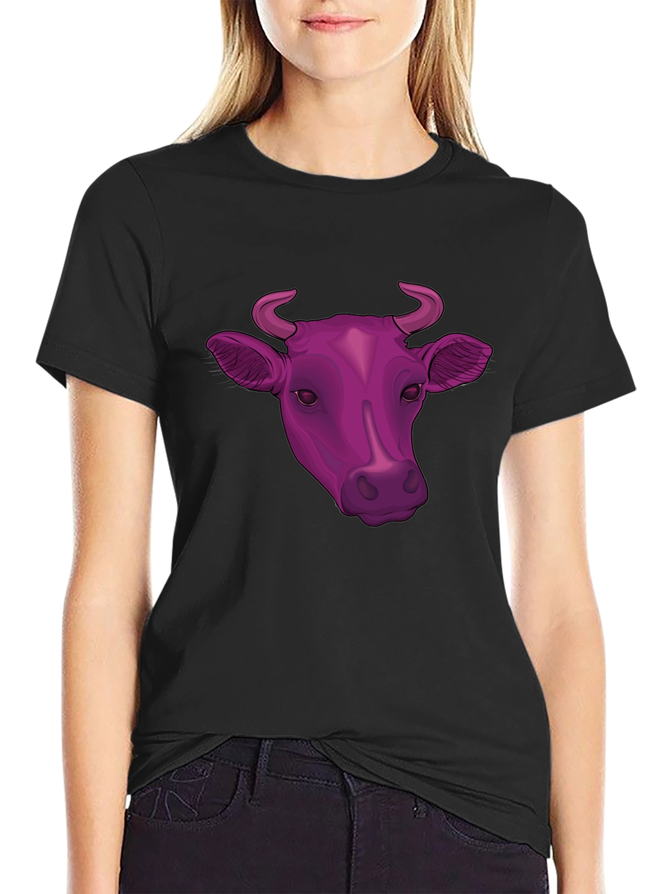 Cow Head Graphic Tee - Black Cotton Blend T-Shirt