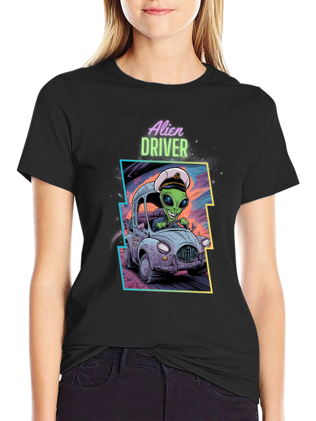 Alien Driver Graphic T-Shirt - Black Crew Neck Tee