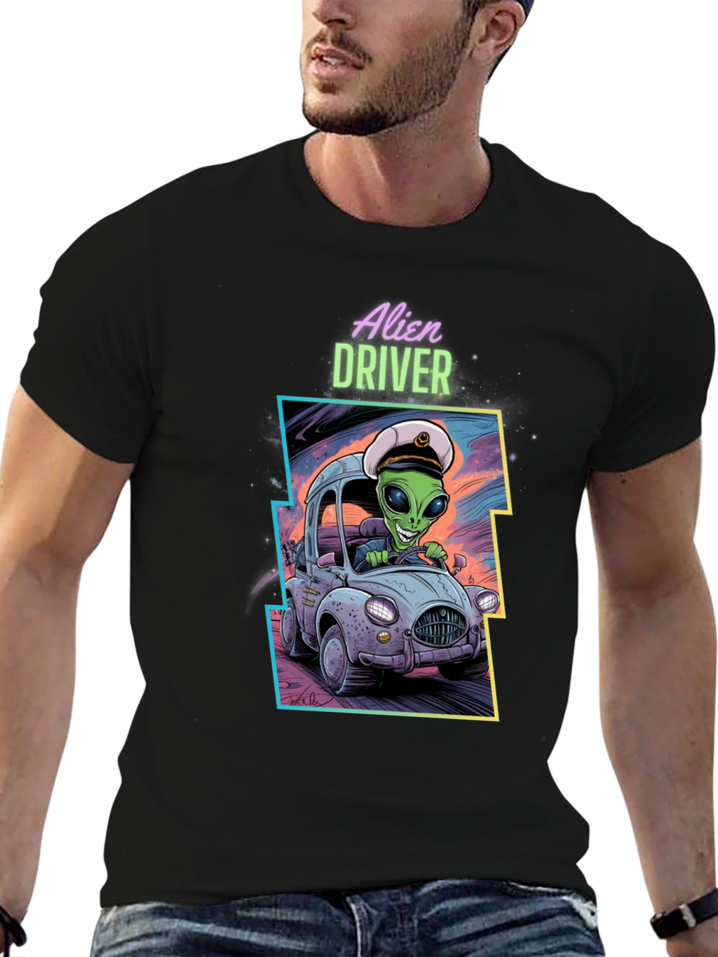 Alien Driver Graphic T-Shirt - Black Crew Neck Tee