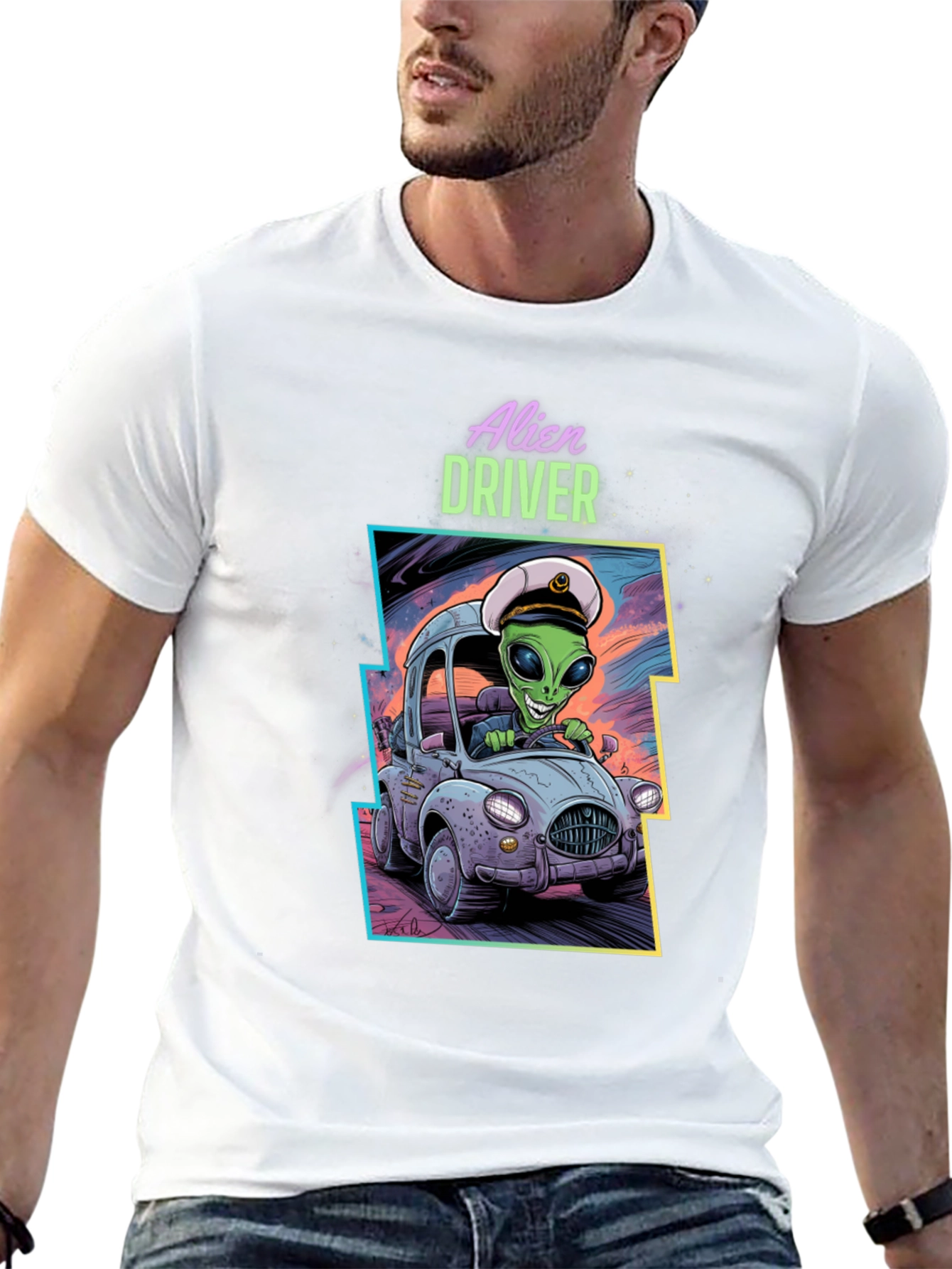 Alien Driver Graphic T-Shirt - Black Crew Neck Tee