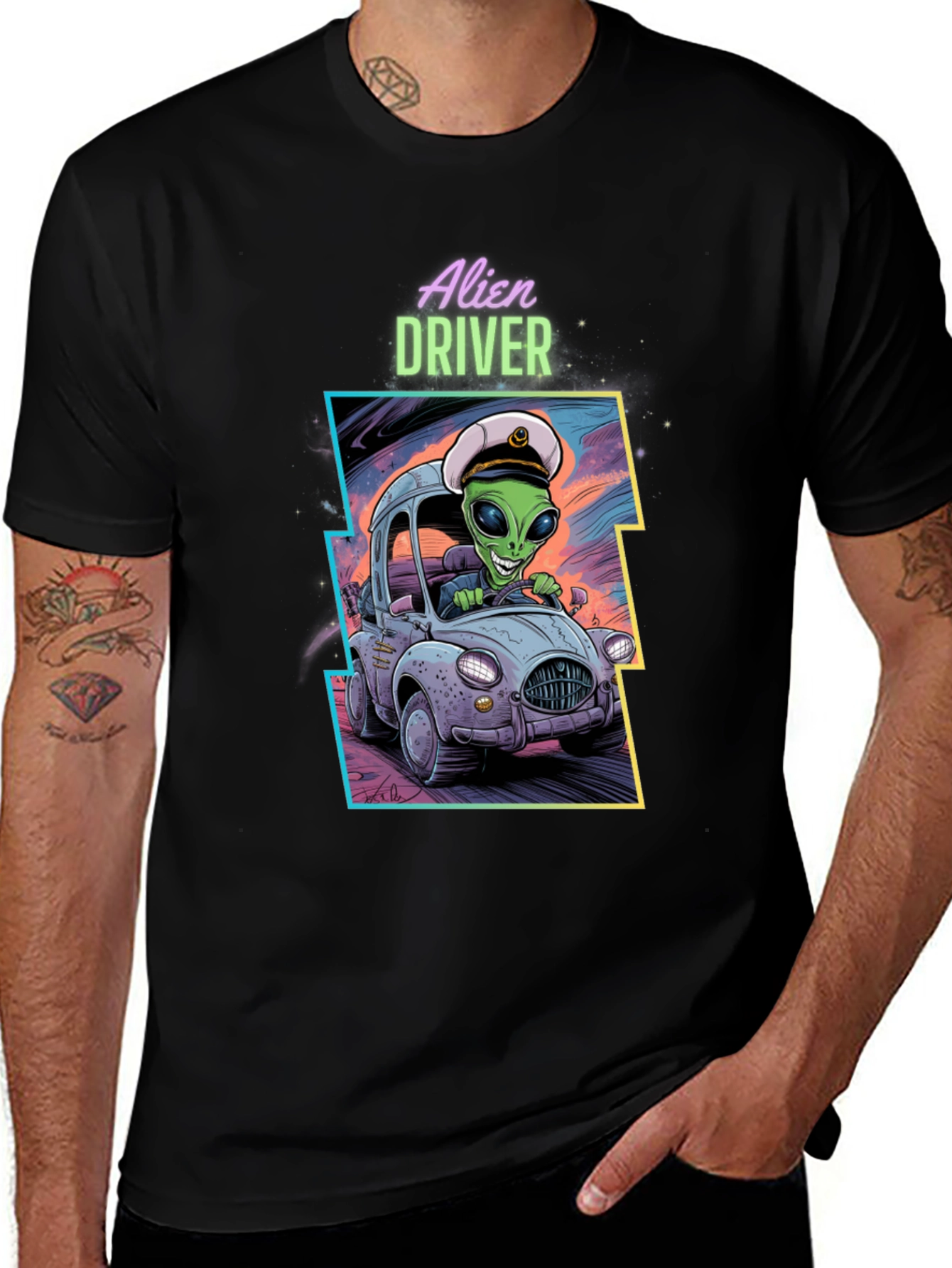 Alien Driver Graphic T-Shirt - Black Crew Neck Tee