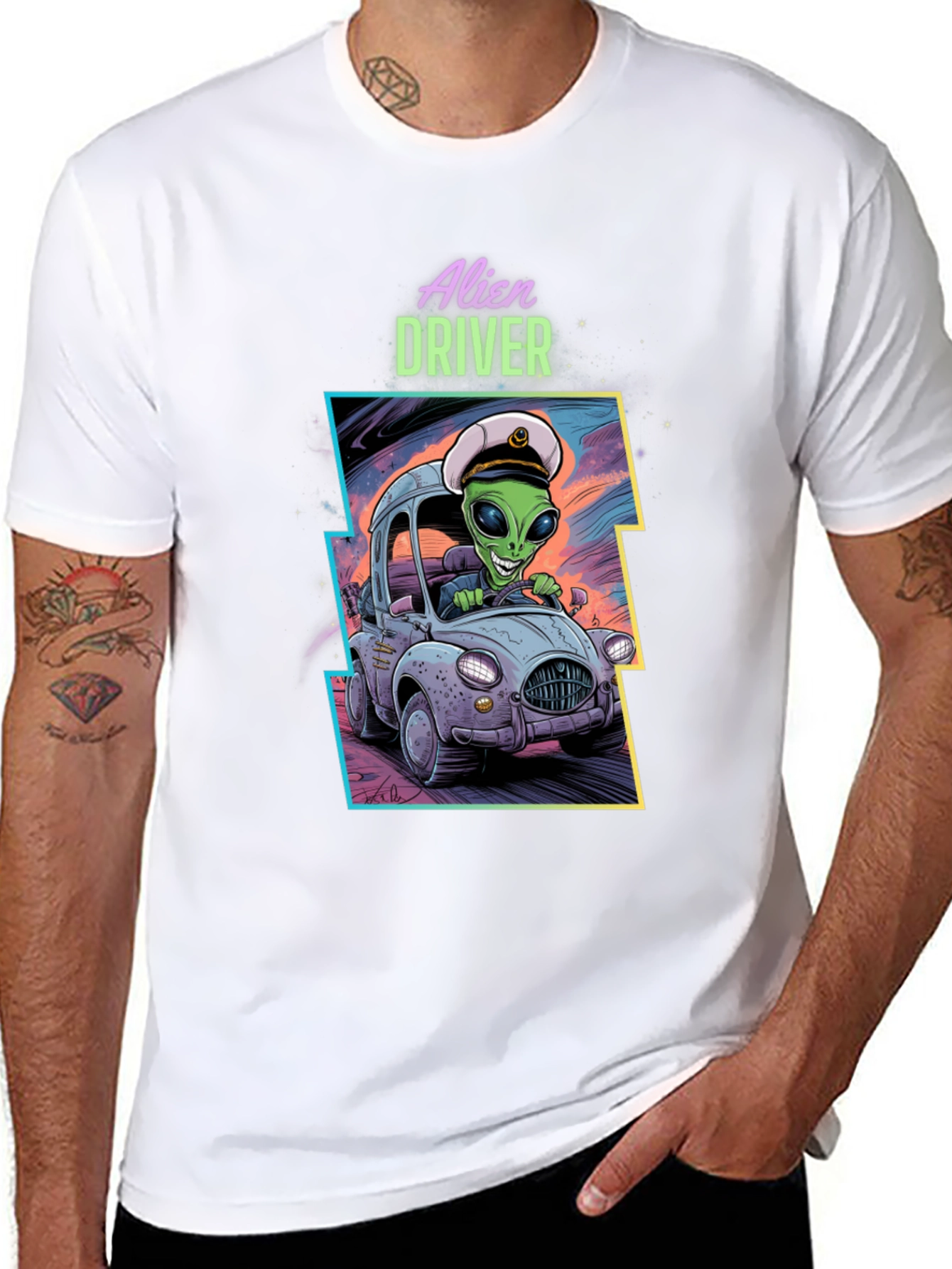 Alien Driver Graphic T-Shirt - Black Crew Neck Tee