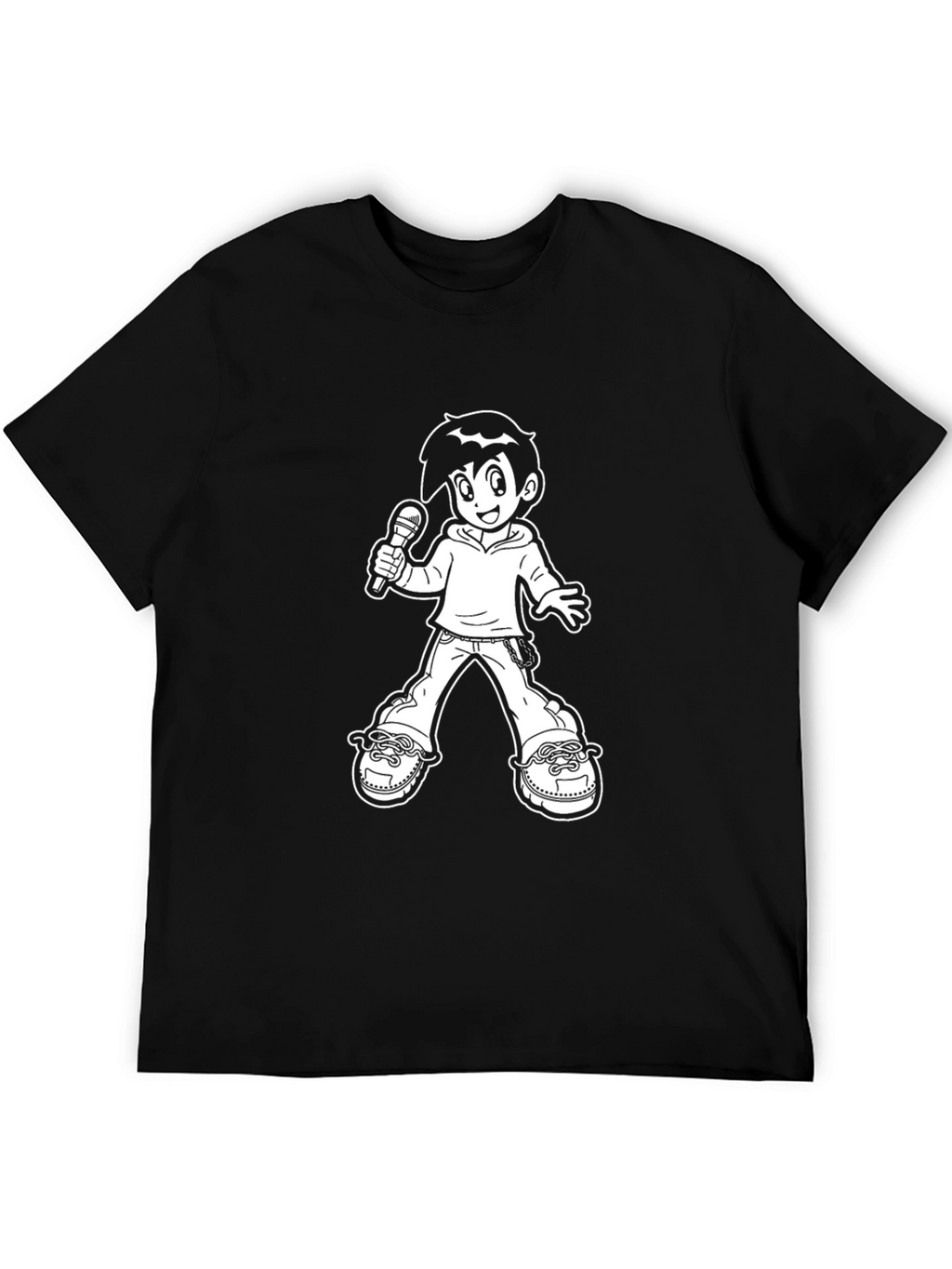Black T-Shirt with Cartoon Singer Graphic