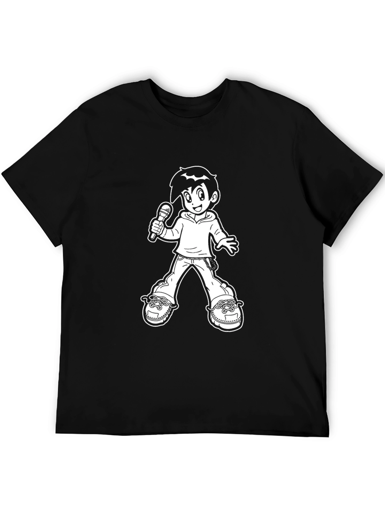 Black T-Shirt with Cartoon Singer Graphic