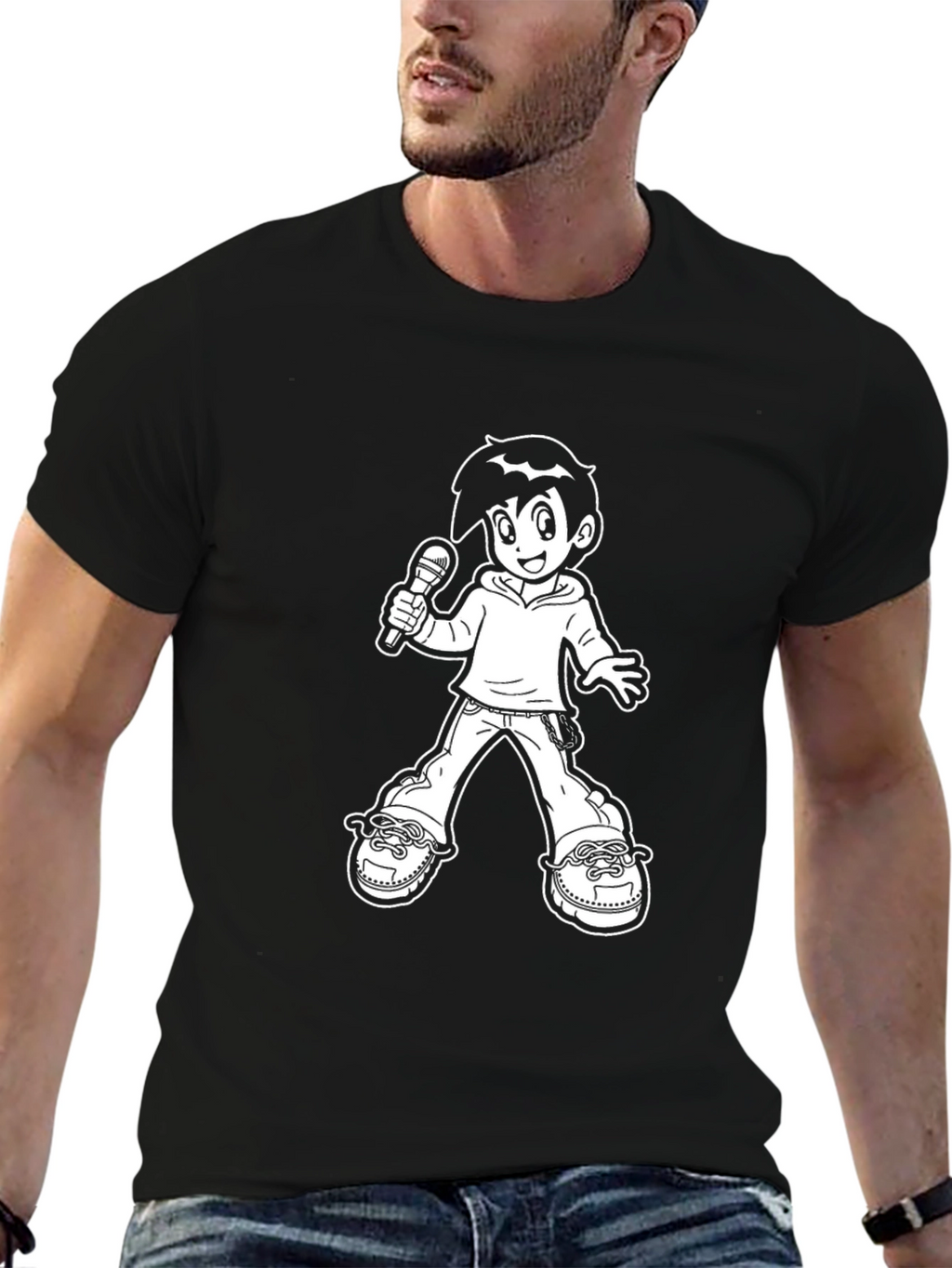 Black T-Shirt with Cartoon Singer Graphic