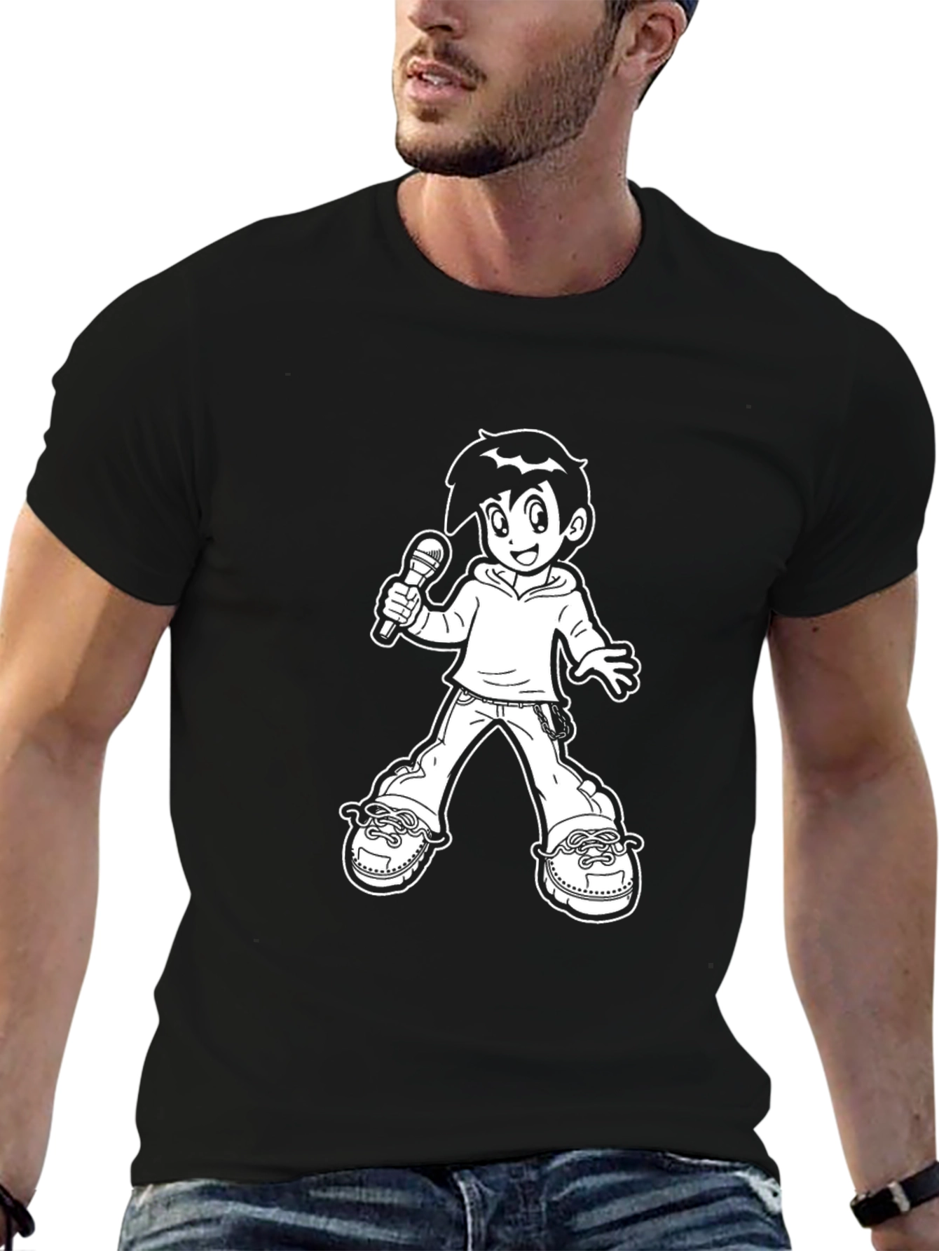 Black T-Shirt with Cartoon Singer Graphic