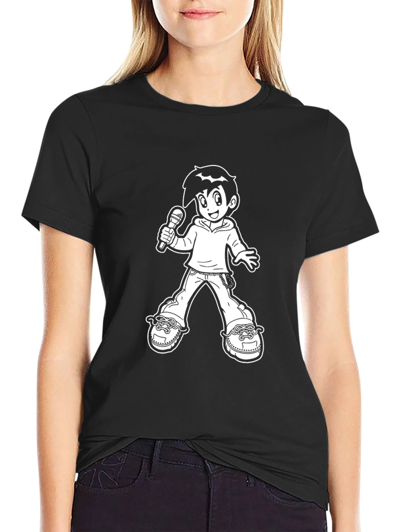 Black T-Shirt with Cartoon Singer Graphic