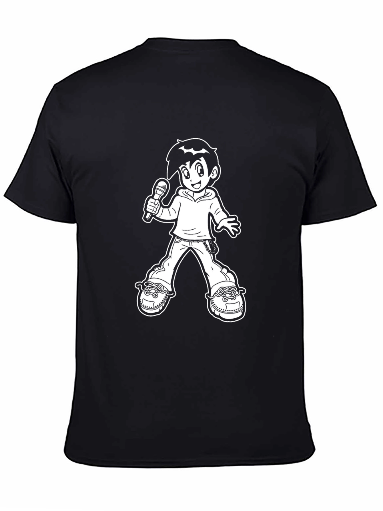 Black T-Shirt with Cartoon Singer Graphic