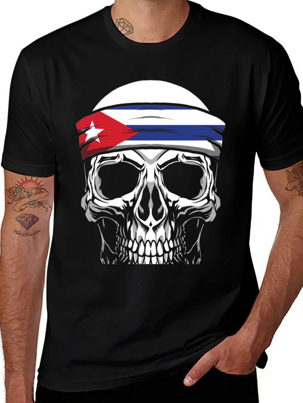 Cuban Flag Skull Graphic Tee - Black T-Shirt