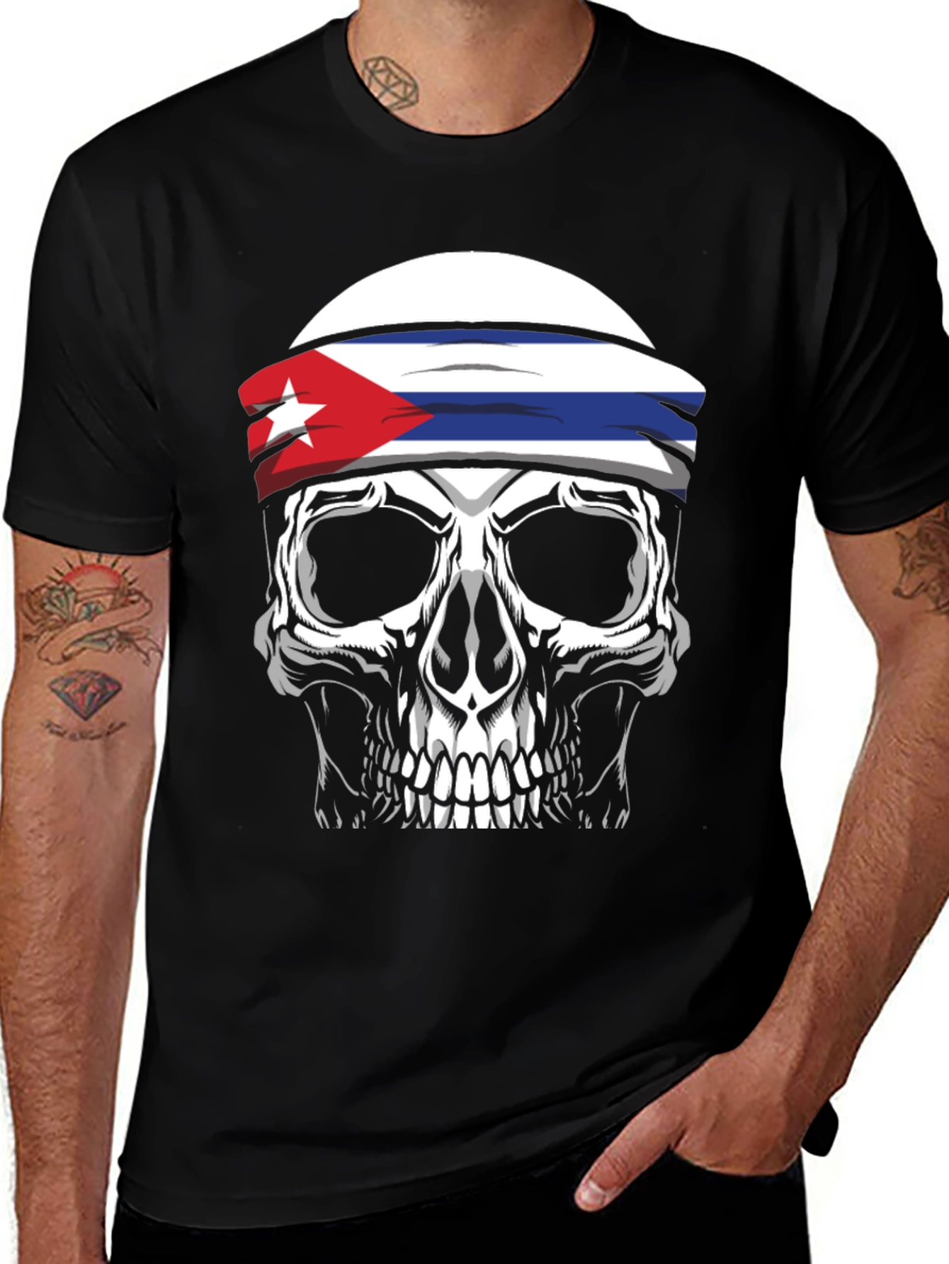Cuban Flag Skull Graphic Tee - Black T-Shirt
