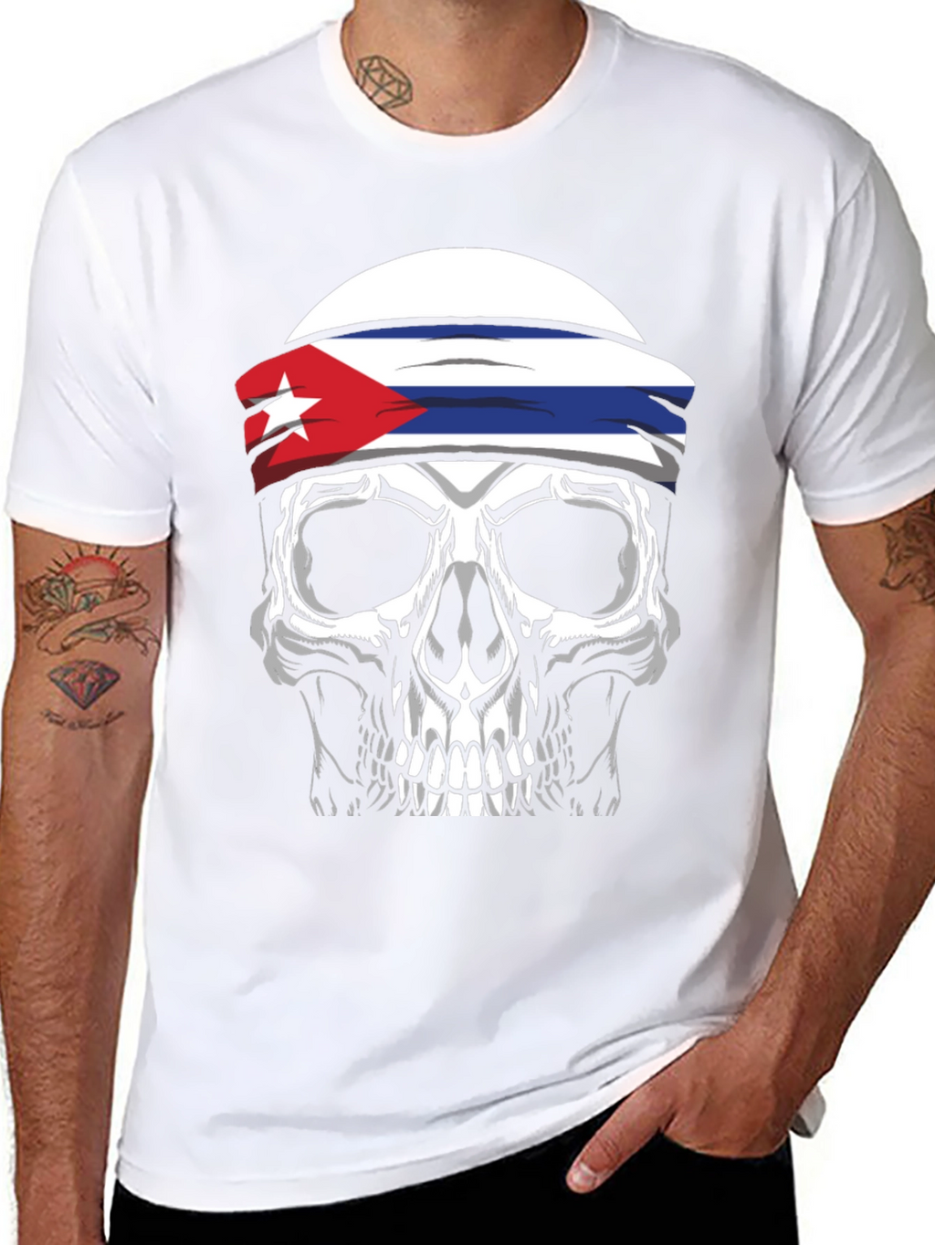 Cuban Flag Skull Graphic Tee - Black T-Shirt