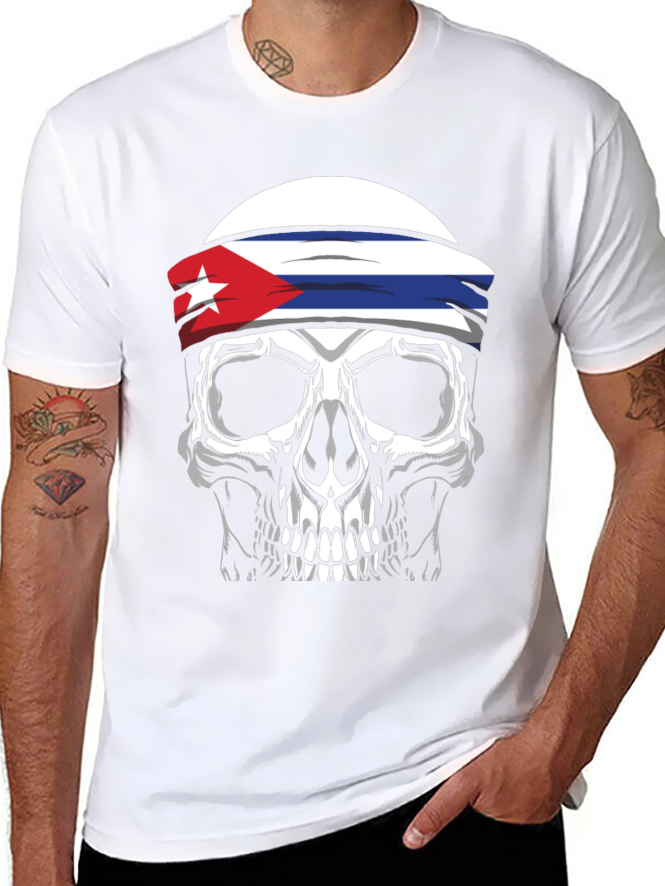 Cuban Flag Skull Graphic Tee - Black T-Shirt