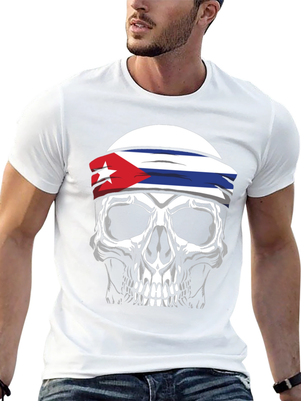 Cuban Flag Skull Graphic Tee - Black T-Shirt