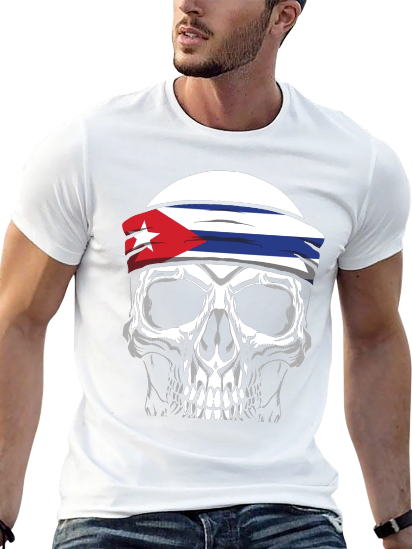 Cuban Flag Skull Graphic Tee - Black T-Shirt